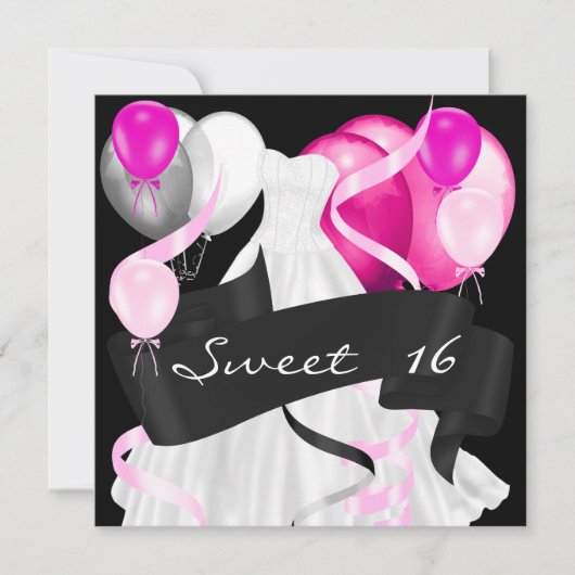 16 . Geburtstag Black Pink White Dress Balloons Einladung (Vorderseite)