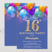 16. Geburtstag Blau und Gold farbige Ballons Einladung (Vorne/Hinten)