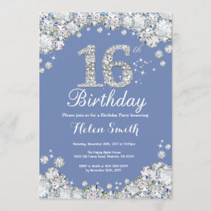 16. Geburtstag Blau und Silberdiamant Einladung