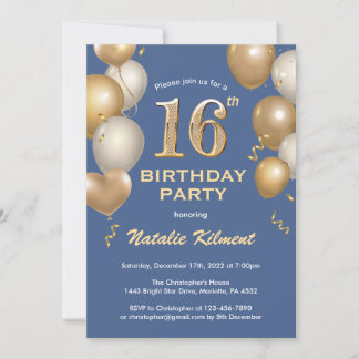 16. Geburtstag Blue and Gold Glitzer Balloons Einladung