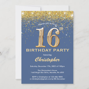 16. Geburtstag Blue and Gold Glitzer Confetti Einladung
