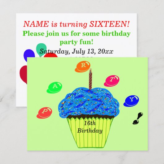 16. Geburtstag Blue Cupcake Candy Bits Einladung (Vorne/Hinten)