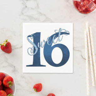 16. Geburtstag Blue Watercolor und Imitats Glitz Serviette