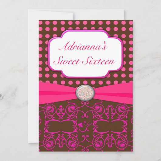 16 . Geburtstag Braun mit rosa Damast Geburtstag Einladung (Vorderseite)