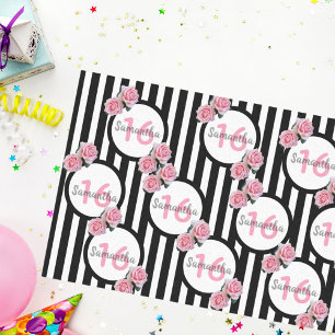 16. Geburtstag chic rosa Rosen Schwarz-weiße Strei Seidenpapier