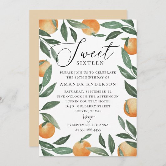 16 . Geburtstag | Citrus Orange & Greenery Geburts Einladung (Vorne/Hinten)