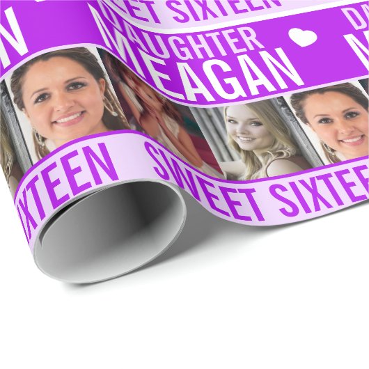 16. Geburtstag drei Fotos lila Tochter Geschenkpapier (Rolleneckpunkt)