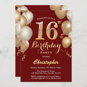 16. Geburtstag Dunkelrot und Gold Balloons Confett Einladung (Vorne/Hinten)