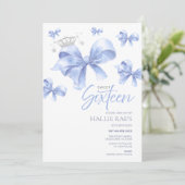 16 . Geburtstag Einladung, Blue Bow 16. Geburtstag Einladung (Stehend Vorderseite)