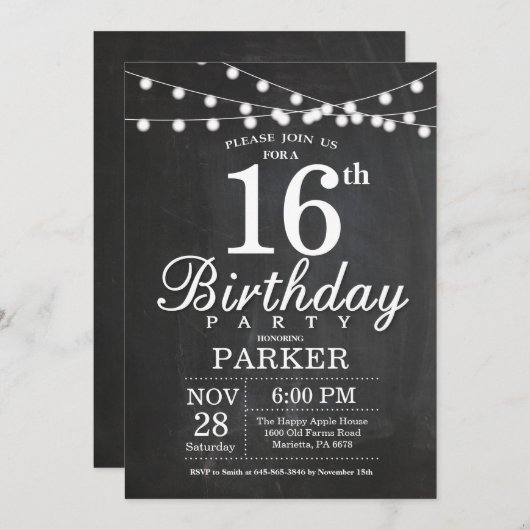 16. Geburtstag Einladung Chalkboard String Lights (Vorne/Hinten)