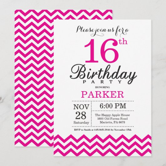 16. Geburtstag Einladung Hot Pink Zickzack (Vorne/Hinten)