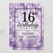 16. Geburtstag Einladung Lila Glitzer (Vorne/Hinten)