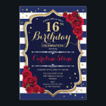 16. Geburtstag Einladung Navy White Stripes Rose<br><div class="desc">16. Geburtstag Einladung Elegantes marinebrotes Design mit Imitat Glitzer. Navy und weiße Streifen mit rote Rosen. Ideal für eine elegante Geburtstagsfeier.</div>