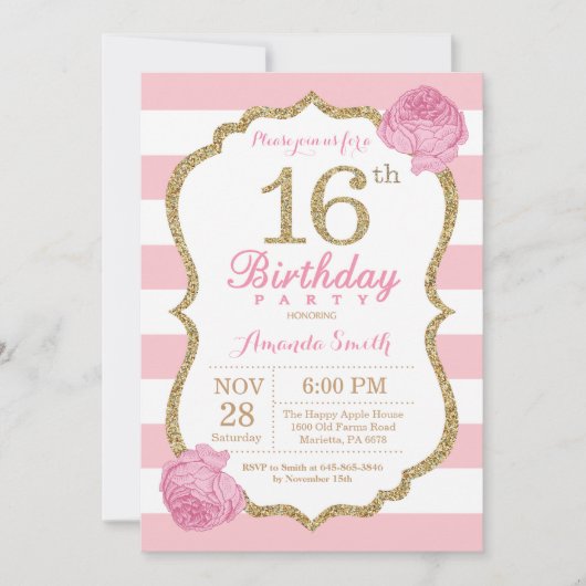 16. Geburtstag Einladung Pink und Gold Floral (Vorderseite)