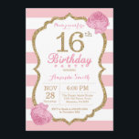 16. Geburtstag Einladung Pink und Gold Floral<br><div class="desc">Einladung zum 16. Geburtstag. Rosa und Gold. Gold Glitzer. Rosa und weiße Streifen. Rosa Blume mit Flora. Kindergeburtstag. Girl Lady Teen Teenage Geburtstagsparty. Für weitere Anpassungen klicken Sie bitte auf die Schaltfläche "Anpassen" und verwenden Sie unser Designwerkzeug,  um diese Vorlage zu ändern.</div>
