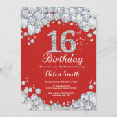 16. Geburtstag Einladung Rot und Silver Diamond (Vorne/Hinten)
