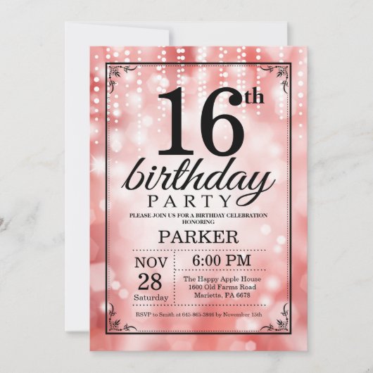 16. Geburtstag Einladung Roter Glitzer (Vorderseite)