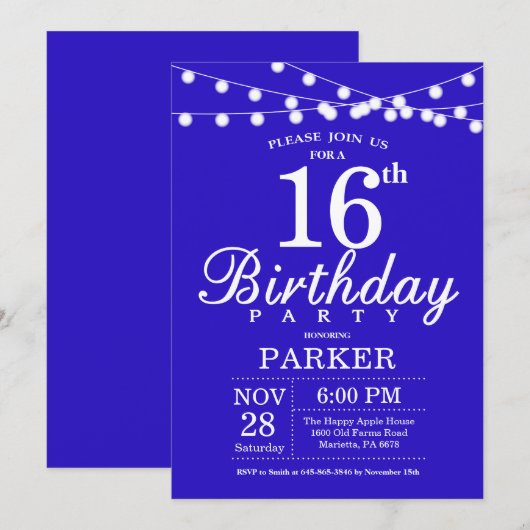 16. Geburtstag Einladung Royal Blue (Vorne/Hinten)