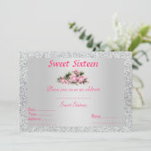 16 . Geburtstag Einladung Silber mit rosa Blumen (Stehend Vorderseite)