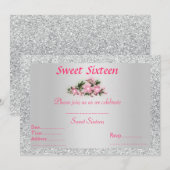 16 . Geburtstag Einladung Silber mit rosa Blumen (Vorne/Hinten)