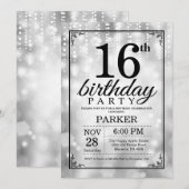 16. Geburtstag Einladung Silberner Glitzer (Vorne/Hinten)
