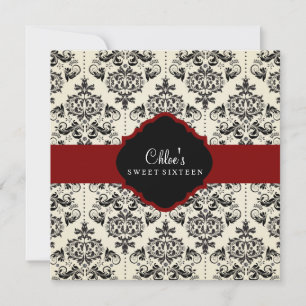 16. Geburtstag   Einladung von Red & Black Damask