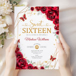 16 . Geburtstag Elegante Chic Rote Rosen Gold Einladung<br><div class="desc">Rot,  Gold und Weiß 16 . Geburtstag feiern Einladung. Enthält Skript-Schriftart,  Goldschmetterlinge,  rote Rosen und Tiara. Ideal für eine elegante Prinzessin-Glamour Sweet 16 Geburtstagsfeier. Personalisieren Sie Ihre persönlichen Daten. Gedruckte Zazzle-Einladungen oder Sofortdownload digitaler Druckvorlage.</div>
