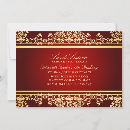 16. Geburtstag | Elegante Red & Gold Damask Einlad Einladung (Vorderseite)