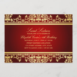 16. Geburtstag | Elegante Red & Gold Damask Einlad Einladung
