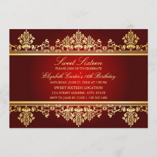 16. Geburtstag | Elegante Red & Gold Damask Einlad Einladung