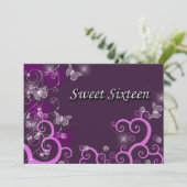 16 . Geburtstag Elegante Wirbel Butterfliegen Lila Einladung (Stehend Vorderseite)