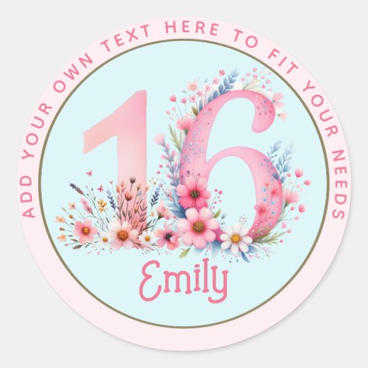 16. Geburtstag Fairy Floral Pink Prinzessin Fairyt Runder Aufkleber (Vorderseite)