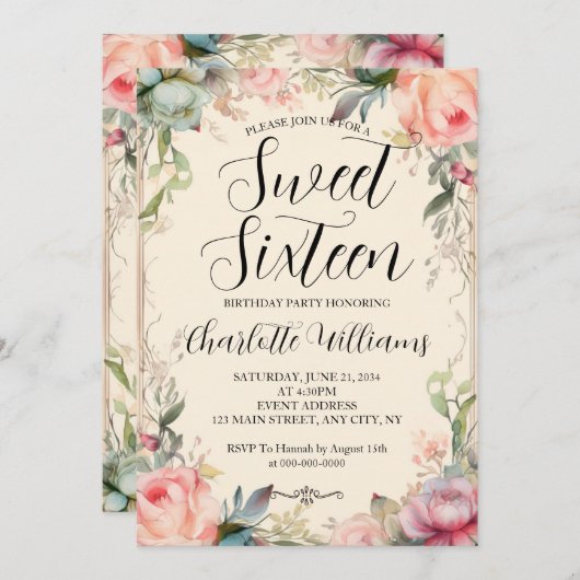 16 . Geburtstag Fairytale Floral 16. Geburtstag Einladung (Vorne/Hinten)