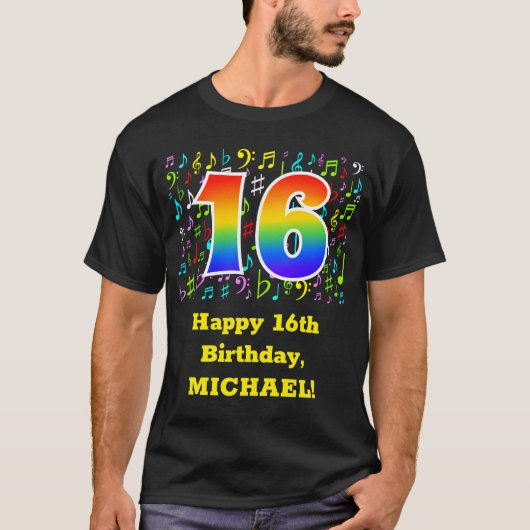 16. Geburtstag: Farbige Musiksymbole, Regenbogen 1 T-Shirt (Vorderseite)