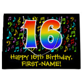 16. Geburtstag - Farbige Musiksymbole, Regenbogen Große Geschenktüte (Vorderseite)