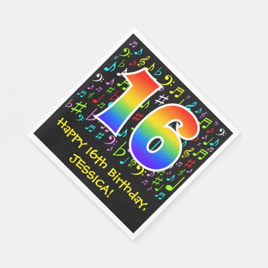 16. Geburtstag - Farbige Musiksymbole, Regenbogen Serviette (Ecke)