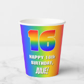 16. Geburtstag: Farbiges, lustiges Regenbogenmuste Pappbecher (Rückseite)