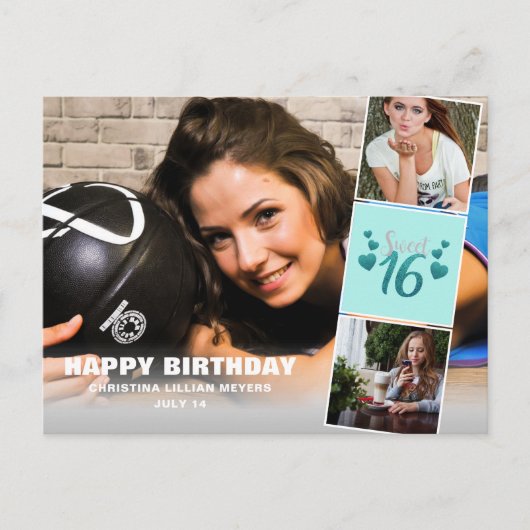 16 . Geburtstag Foto Collage Türkis Glitzer Postkarte (Vorderseite)
