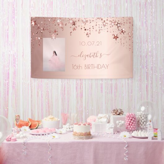 16. Geburtstag Foto Rose Gold Rosa Glitterstars Banner (Party)