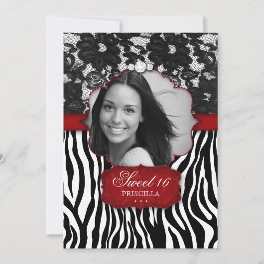 16 . Geburtstag Foto Zebra Lace Einladung Red (Vorderseite)