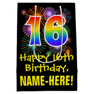 16. Geburtstag: Fun Fireworks Muster + Regenbogen  Mittlere Geschenktüte