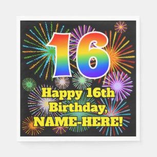 16. Geburtstag: Fun Fireworks Pattern + Regenbogen Serviette