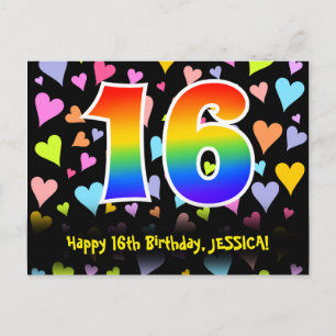 16. Geburtstag: Fun Hearts Muster, Regenbogen 16 Postkarte