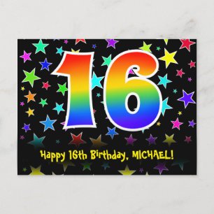 16. Geburtstag: Fun Stars Muster, Regenbogen 16, N Postkarte