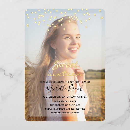 16 . Geburtstag Girl Zwei Fotos Folieneinladung (Vorderseite)