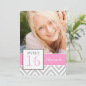 16 . GEBURTSTAG GIRLY PINK GRAU ZICKZACK PATTERN EINLADUNG (Stehend Vorderseite)