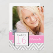 16 . GEBURTSTAG GIRLY PINK GRAU ZICKZACK PATTERN EINLADUNG (Vorne/Hinten)