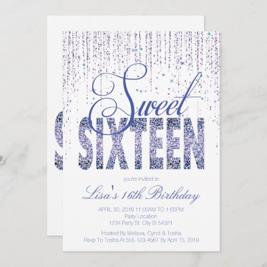 16 . Geburtstag, Glam Glitzer Einladungen (Vorne/Hinten)