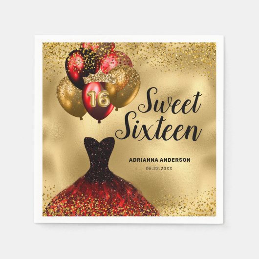 16. Geburtstag Glam Gold Roter Glitzer Sweet 16 Serviette (Vorderseite)