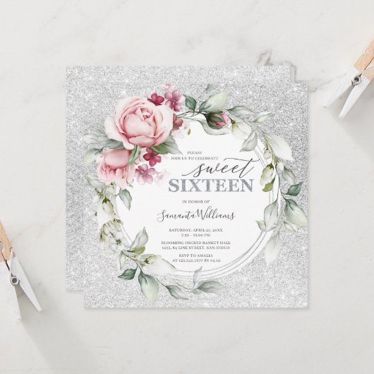 16 Geburtstag Glittering Square | Rose Silber Einladung (Vorderseite/Rückseite Beispiel)
